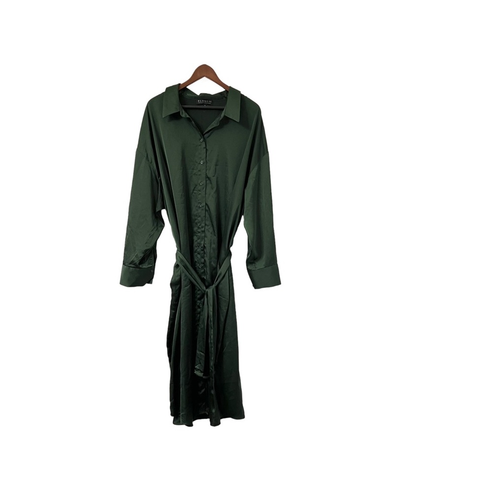 Eloquii Plus Size Green Satin Button Front Shirt Dress-Size 26